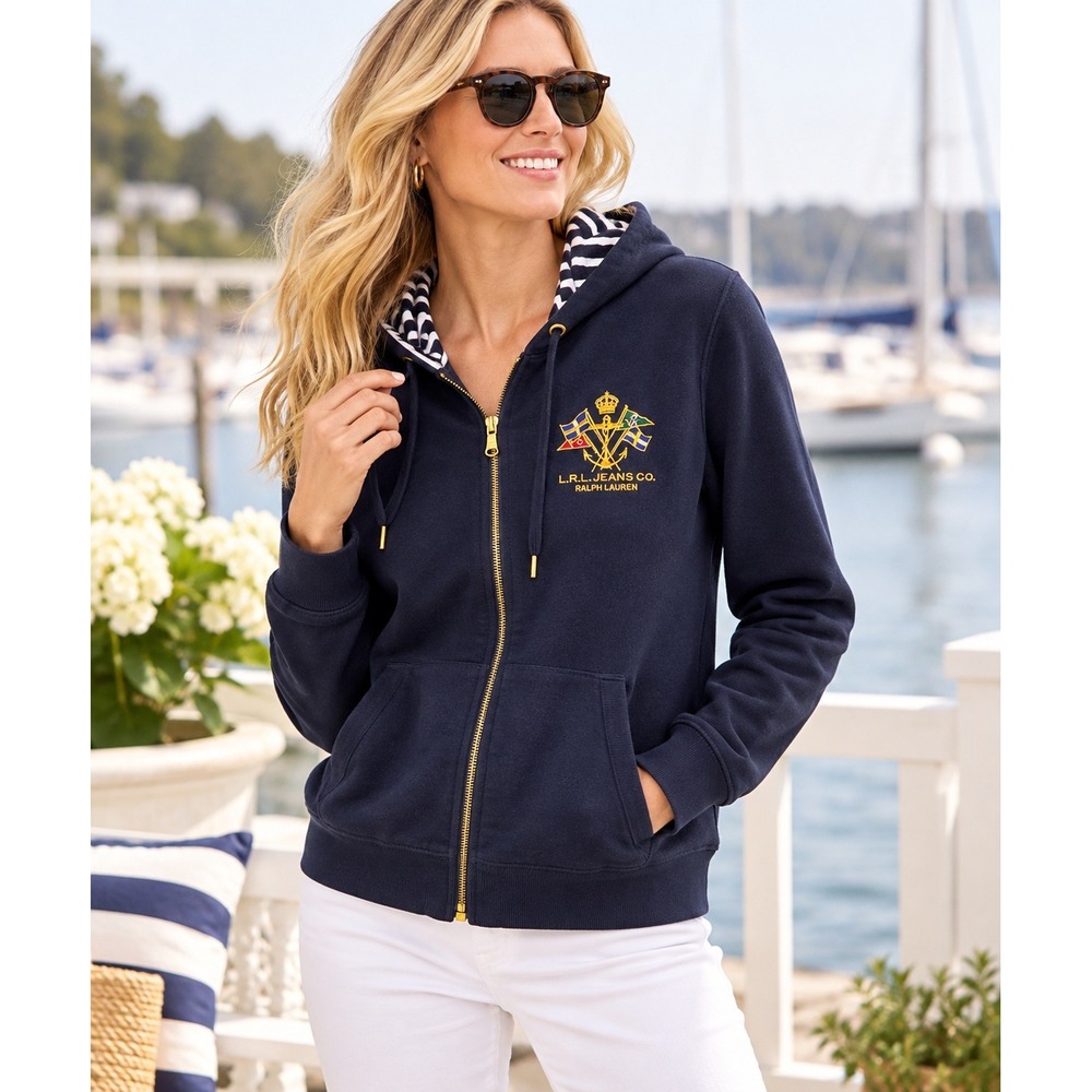 Lauren Ralph Lauren Hoodie Womens L Navy Nautical Crest Full Zip LRL Jeans Co